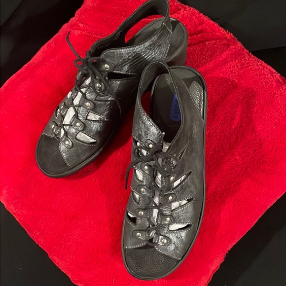 Wolky Shoes Wolky Arena Metallic Silver Black Leather Ghillie Lace Up Wedge Walking Sandal